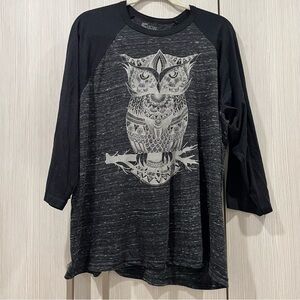 Electro Threads Owl‎ Print 3/4 Sleeve Raglan Shirt | Black and Grey | XL